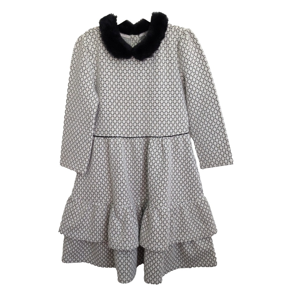 Janie and Jack Girls Jacquard Dress Black/Cream/Gold Faux Fur Collar Size 8